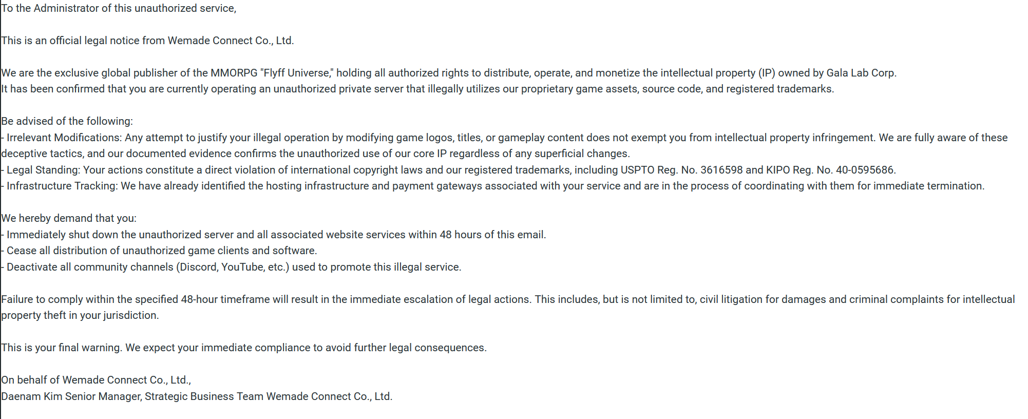 DMCA Email from Wemade Connect