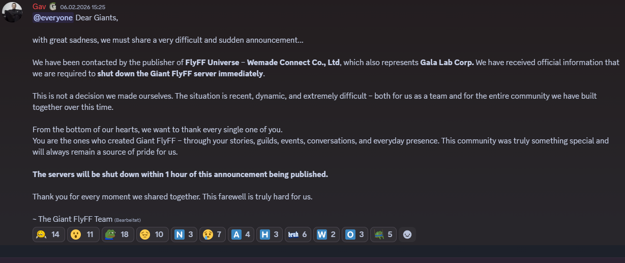 Giant Flyff Discord shutdown announcement